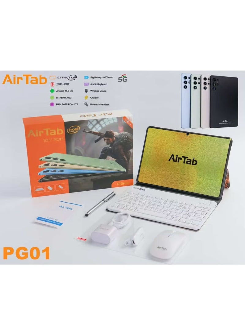 AIR TAB PG01 5G 10-Inch Tablet – Android 15, 24GB RAM, 1TB Storage, Octa-Core ARM Processor, 20MP + 36MP Cameras, 10000mAh Battery, Keyboard, Mouse, Headset & Charger – Blue - Image 1